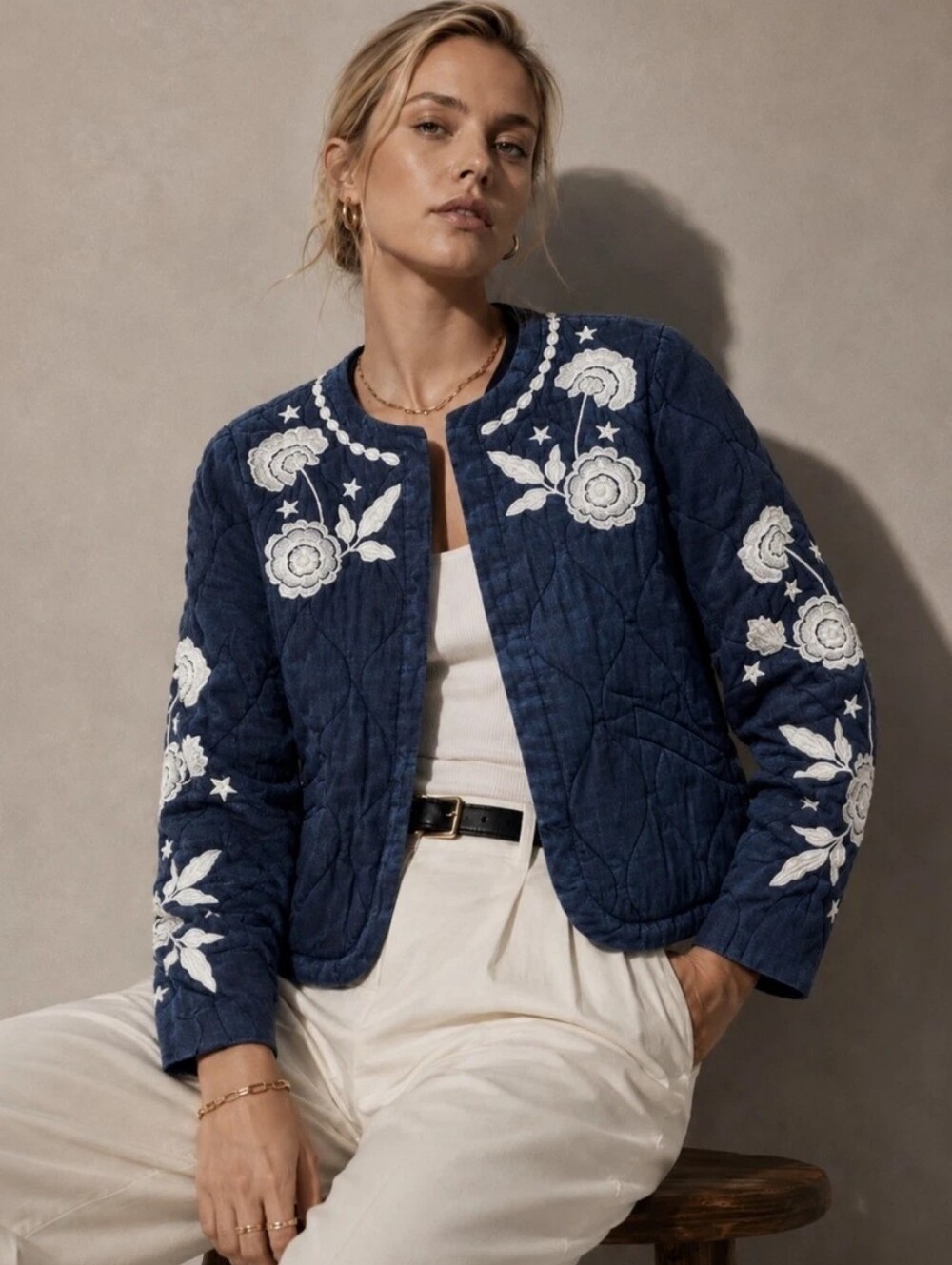 NWT Bagatelle Navy Quilted Jacket, Floral Embroidery